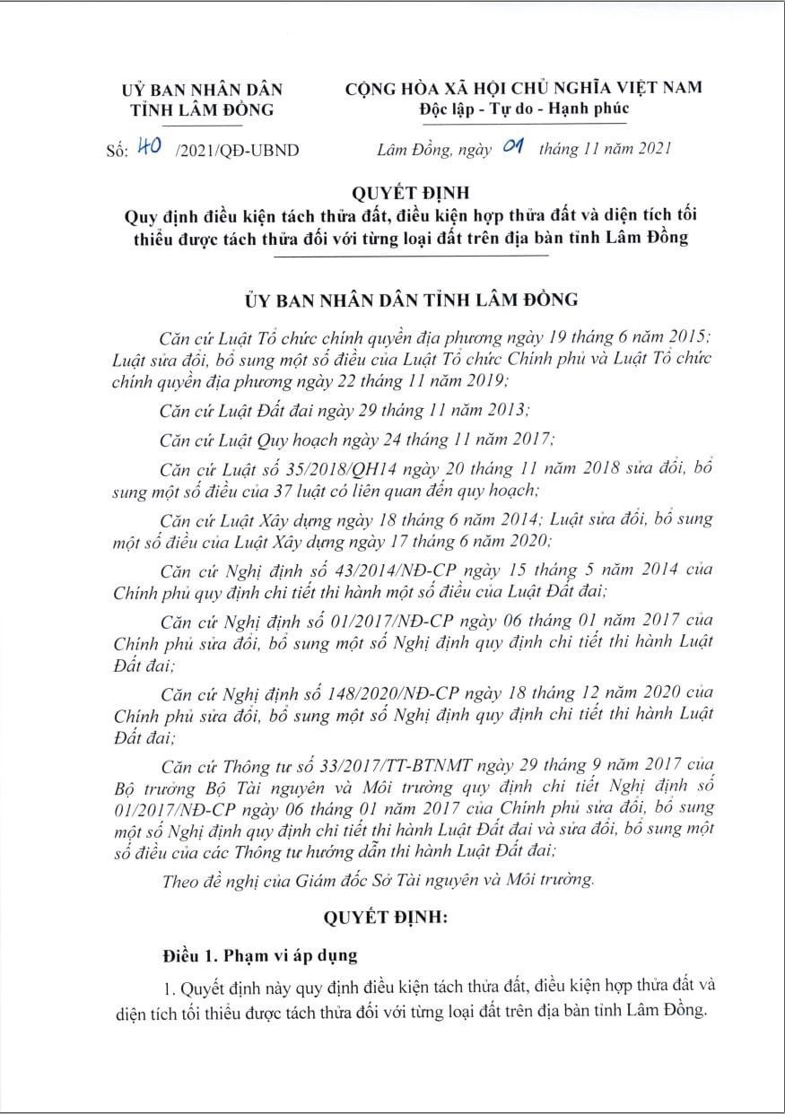 Quy dinh dieu kien tach thua dat Tinh Lam Dong 01112021