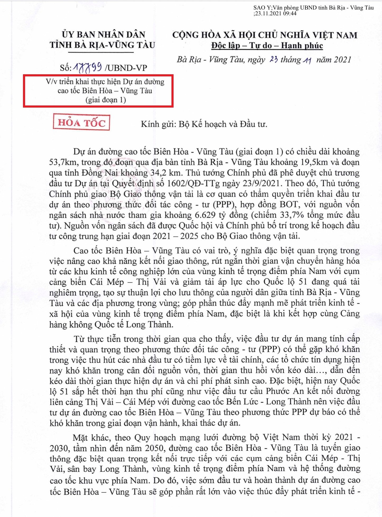 Van Ban Trang 1 Ve Yeu Cau Bo Tri Von Cho Cao Toc Bien Hoa Vung Tau Theo Phuong Thuc Dau Tu Cong