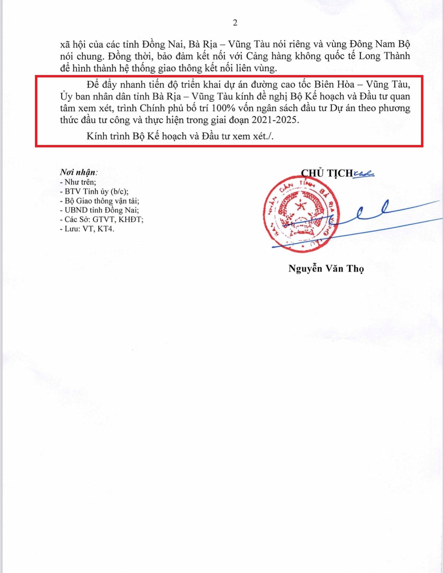 Van Ban Trang 2 Ve Yeu Cau Bo Tri Von Cho Cao Toc Bien Hoa Vung Tau Theo Phuong Thuc Dau Tu Cong