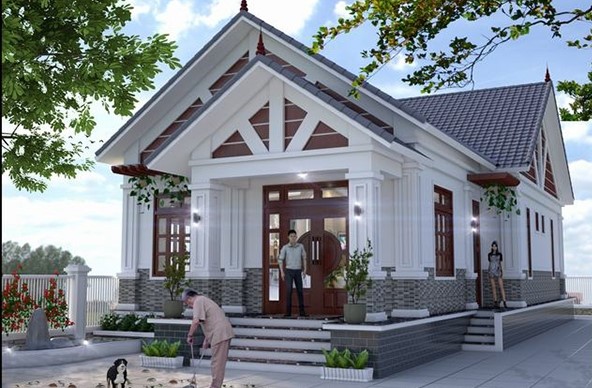 Đây là một mẫu nhà mái tôn giả ngói có vẻ ngoài đẹp mắt, hiện đại, thoáng rộng. Tôn giả ngói nhẹ hơn ngói thông thường nên sẽ giảm được áp lực lên cột, móng nhà