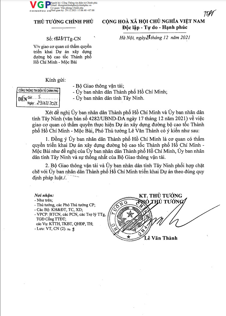 Dự án Cao tốc TP. Hồ Chí Minh - Mộc Bài - Tây Ninh | Tiến độ năm 2022 7 Công văn số 1823/TTg-CN của Thủ tướng Chính phủ: V/v giao cơ quan có thẩm quyền triển khai Dự án xây dựng đường bộ cao tốc Thành phố Hồ Chí Minh - Mộc Bài