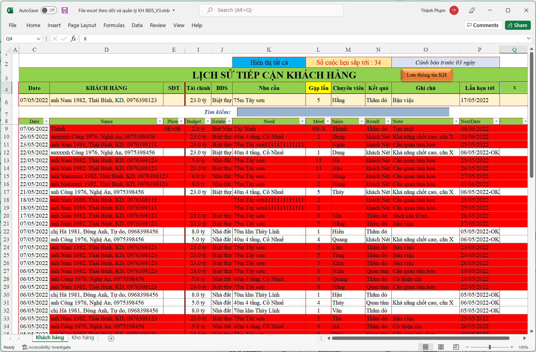 File Excel Chăm Sóc Theo Dõi Nhu Cầu Khách Hàng Bất Động Sản Miễn Phí - Đất  Nền Việt Nam